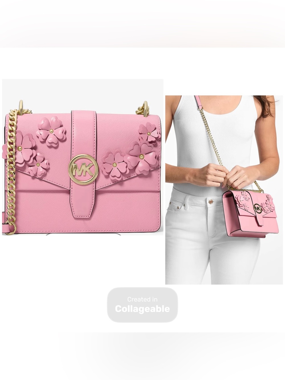 Michael Kors Pink Floral Appliqué Leather Crossbody Chain Gold Statement Piece